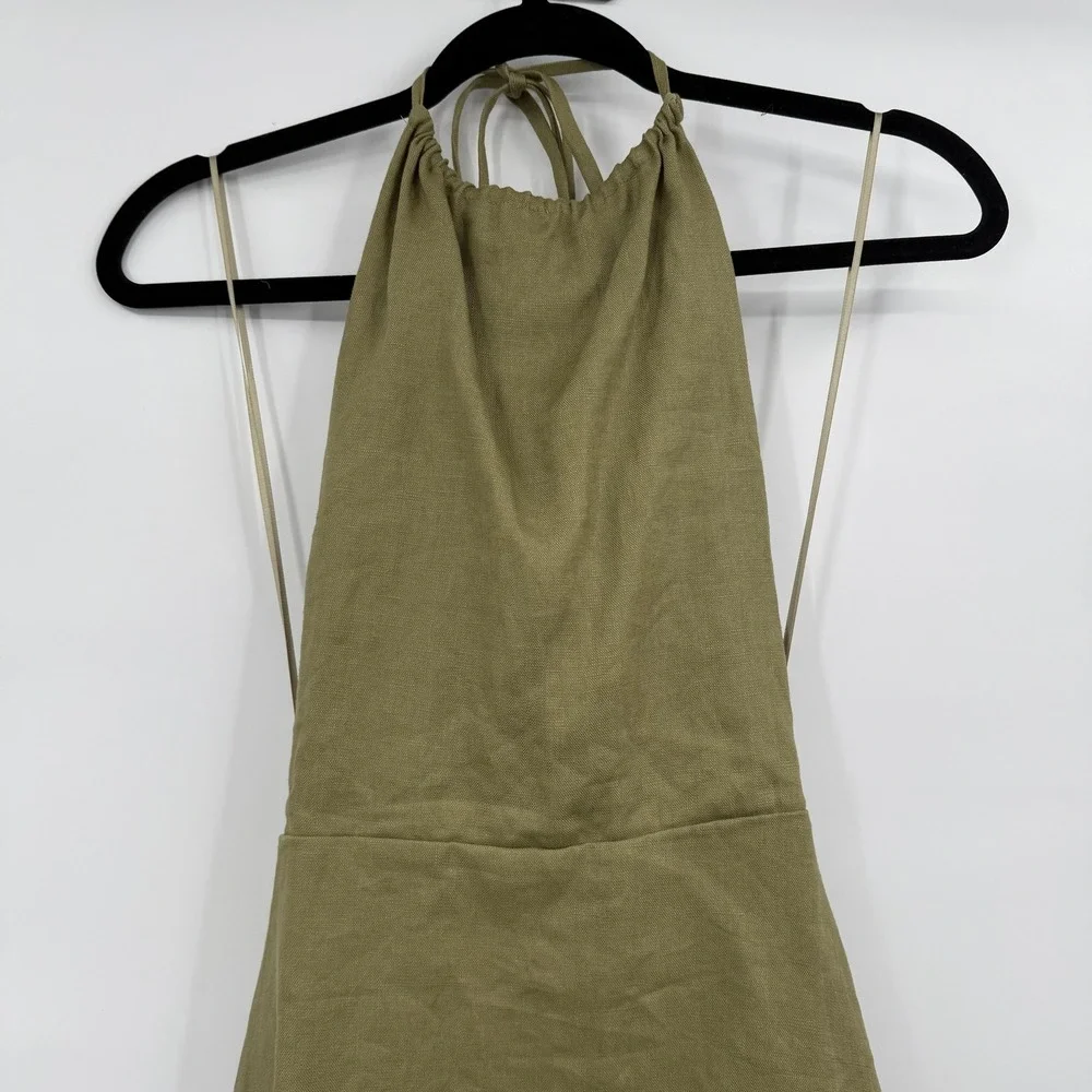 Reformation Dress Womens 6 Green Mini Sundress Halter Linen Lined Open Back‎ Tie